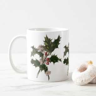 Vintage Christmas, Green Holly Plant with Berries Coffee Mug