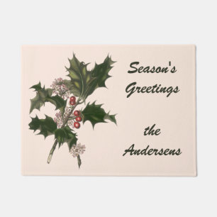 Vintage Christmas, Green Holly Plant with Berries Doormat