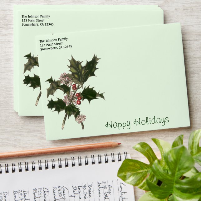 Vintage Christmas, Green Holly Plant with Berries Envelopes (Stacked)