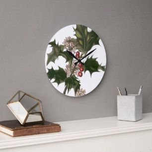 Vintage Christmas, Green Holly Plant with Berries Large Clock