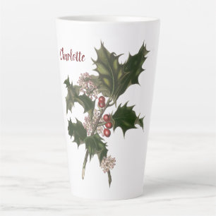 Vintage Christmas, Green Holly Plant with Berries Latte Mug