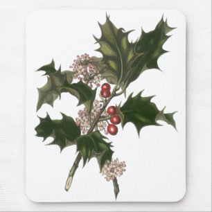 Vintage Christmas, Green Holly Plant with Berries Mouse Mat