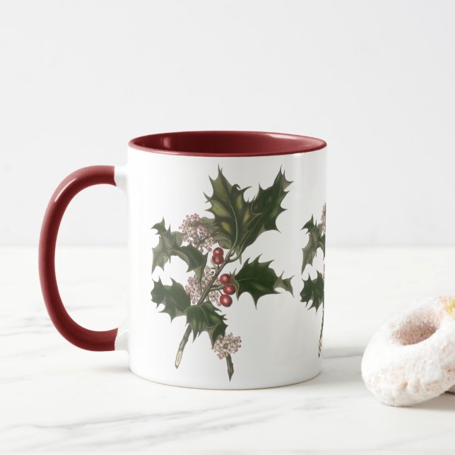 Vintage Christmas, Green Holly Plant with Berries Mug (With Donut)