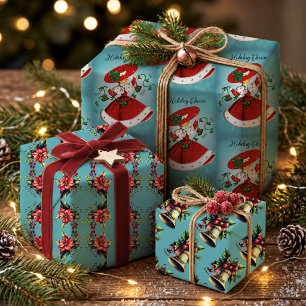 Vintage Christmas Green Red Retro Bells Girl Wrapping Paper Sheet