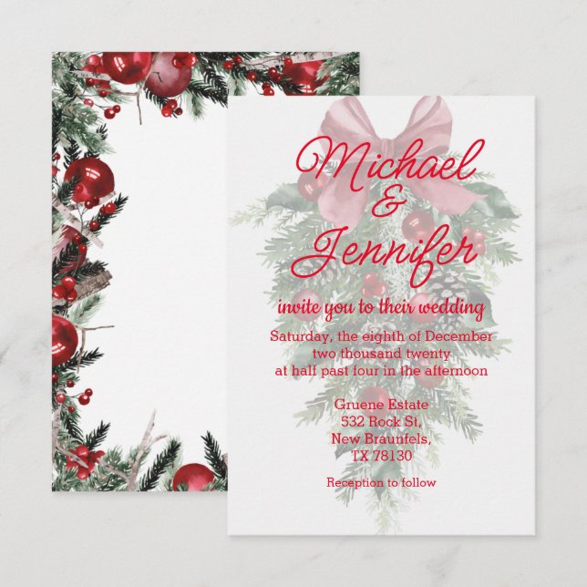 vintage christmas greenery ornaments red wedding  invitation (Front/Back)