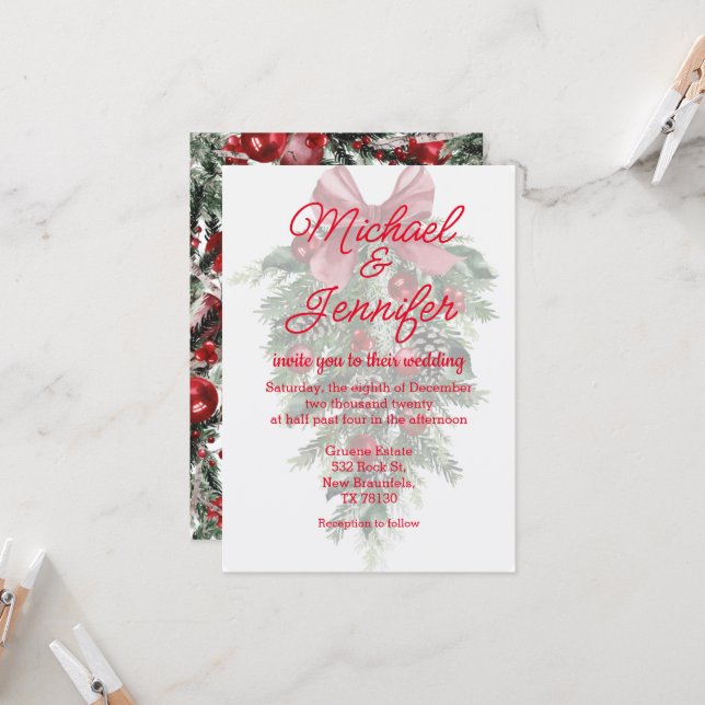 vintage christmas greenery ornaments red wedding  invitation (Front/Back In Situ)