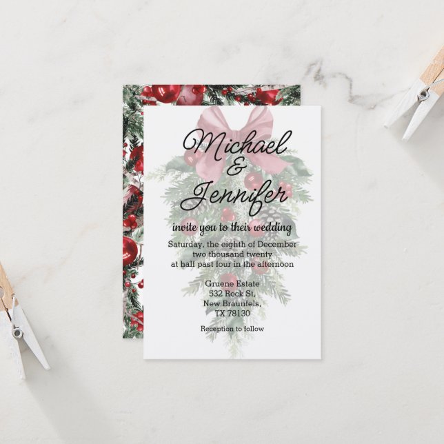 vintage christmas greenery ornaments wedding  invitation (Front/Back In Situ)