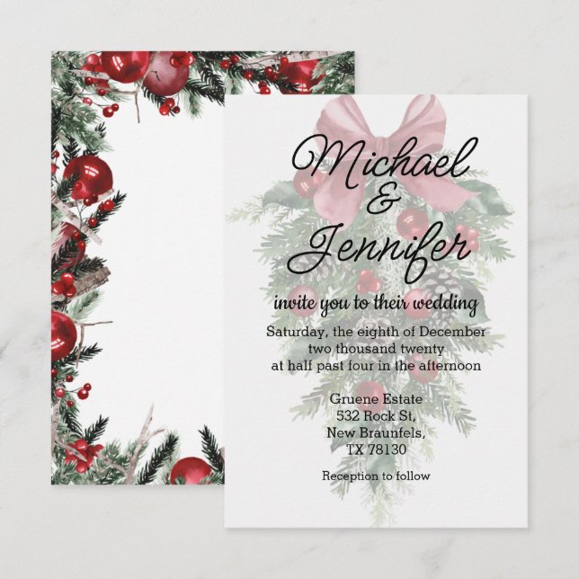 vintage christmas greenery ornaments wedding  invitation (Front/Back)