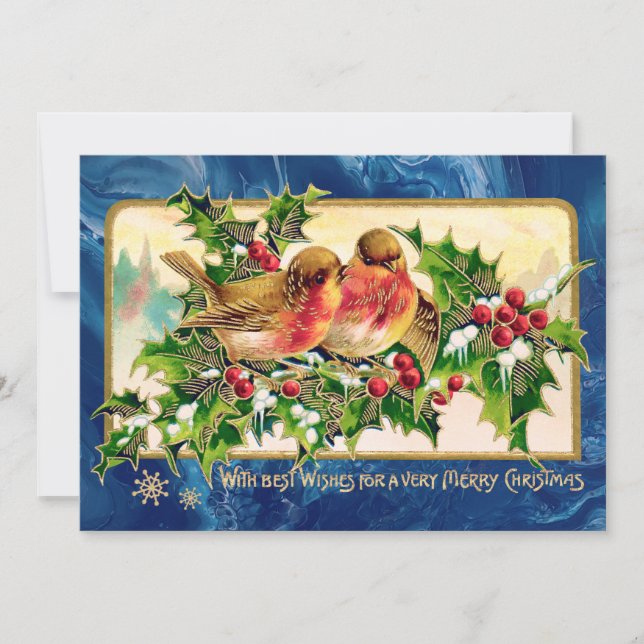 Vintage Christmas Greeting Birds Holly Faux Gold Card (Front)