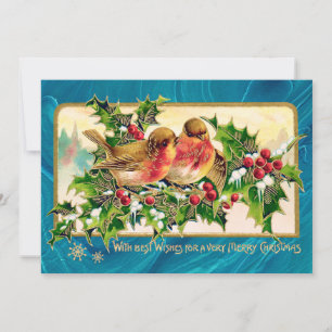 Vintage Christmas Greeting Birds Holly Faux Gold Card