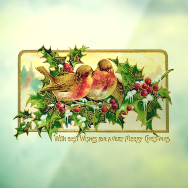 Vintage Christmas Greeting Birds Holly Window Cling (Sheet 3)