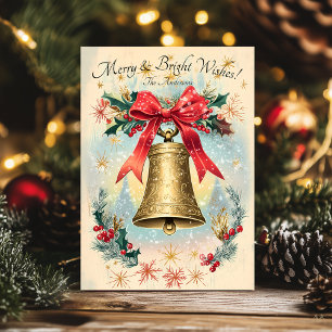 Vintage Christmas greeting Card with Golden Bell 