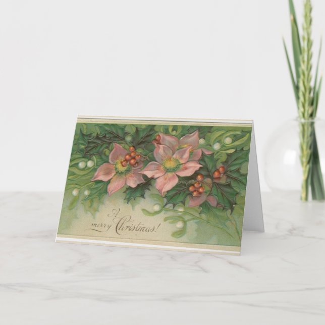 Vintage christmas greeting card with pink flowers (Front)