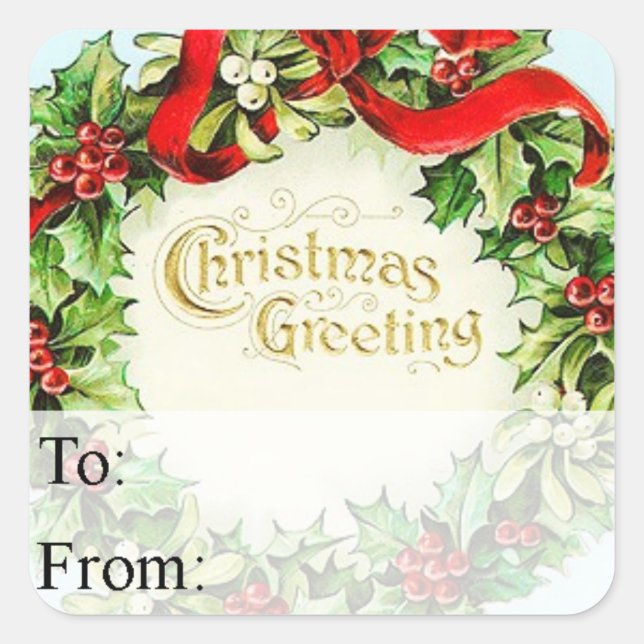 Vintage Christmas Greeting Wreath Gift Tag (Front)