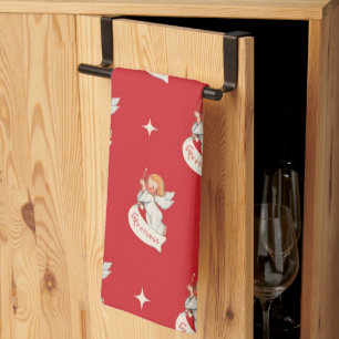 Vintage Christmas Greetings, Angels with Stars Tea Towel