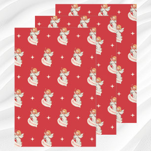 Vintage Christmas Greetings, Angels with Stars Wrapping Paper Sheet