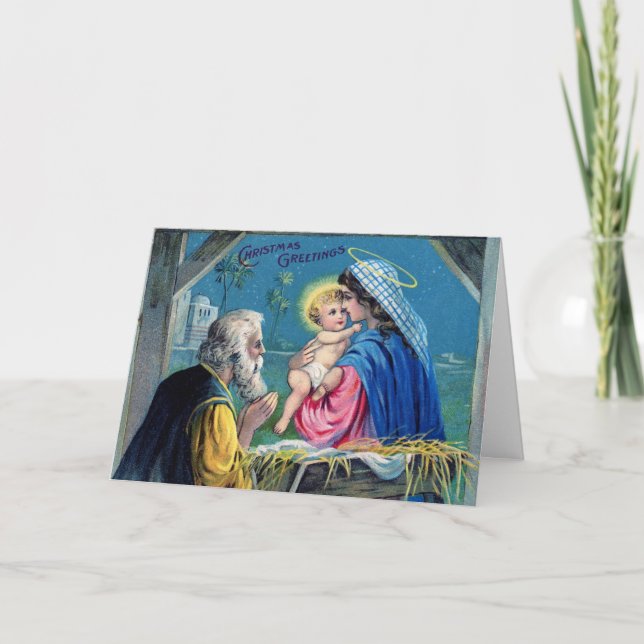 Vintage Christmas Greetings Christian Nativity Holiday Card (Front)