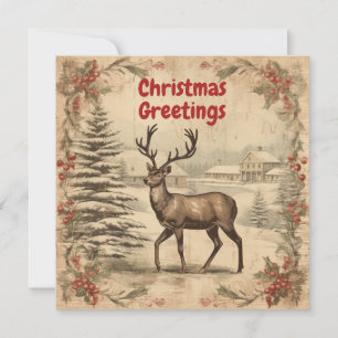 Vintage Christmas Greetings Deer  Holiday Card