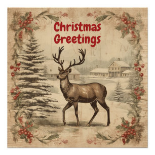 Vintage Christmas Greetings Deer  Poster