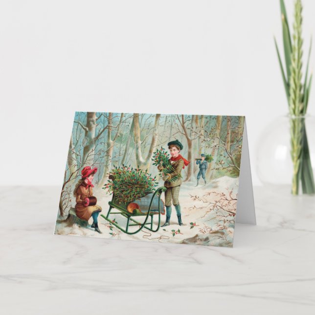 Vintage Christmas Greetings Gathering Holly Holiday Card (Front)