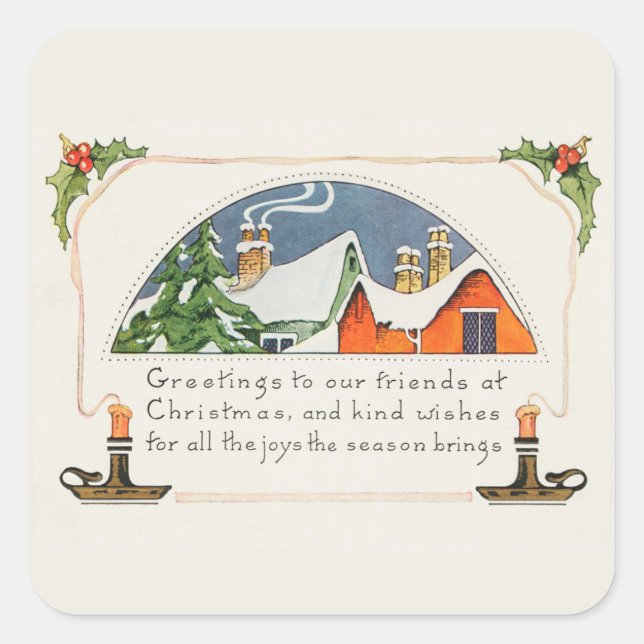 Vintage Christmas Greetings Holiday Card Square Sticker (Front)