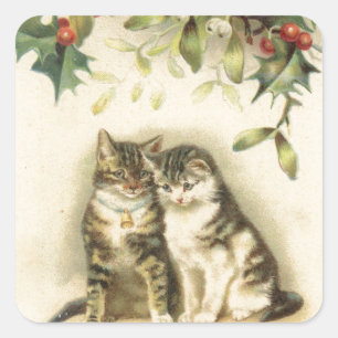 Vintage Christmas Greetings Kitty Cats Square Sticker