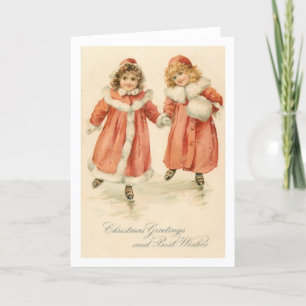 Vintage Christmas Greetings Little Girls Holiday Card