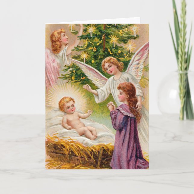 Vintage Christmas Greetings Nativity Holiday Card (Front)