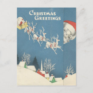 Vintage Christmas Greetings Peeking Santa Holiday Postcard