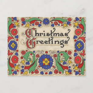 Vintage Christmas Greetings with Decorative Border Holiday Postcard