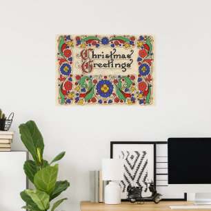 Vintage Christmas Greetings with Decorative Border Poster