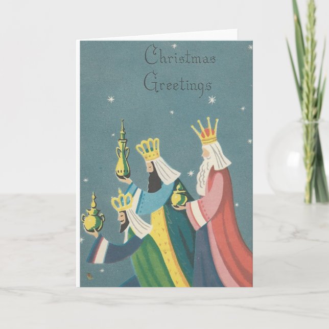 Vintage Christmas Greetings With Wise Men Holiday Card (Front)