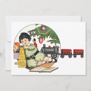 Vintage Christmas, Happy Boy Playing with Toys Holiday Card