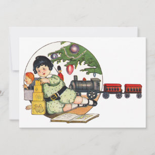 Vintage Christmas, Happy Boy Playing with Toys Invitation