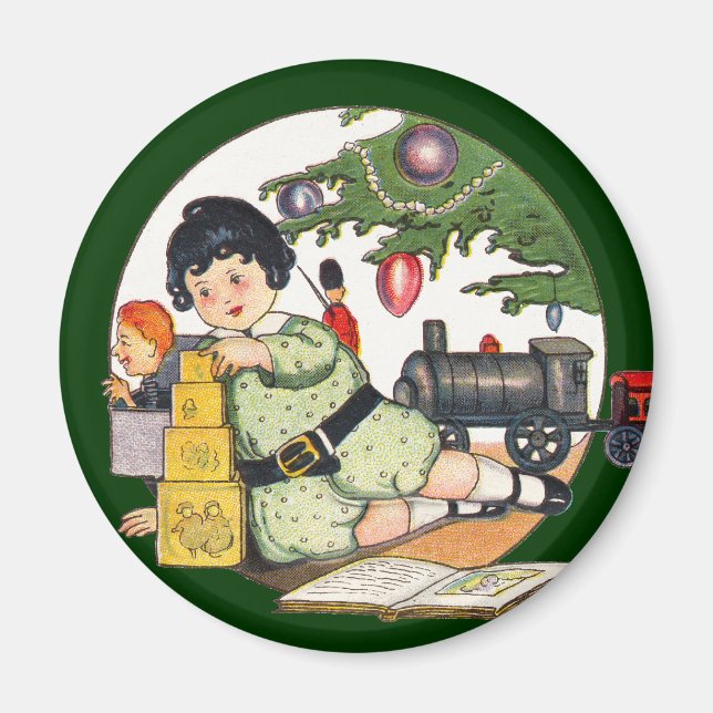 Vintage Christmas, Happy Boy Playing with Toys Magnet (Front)