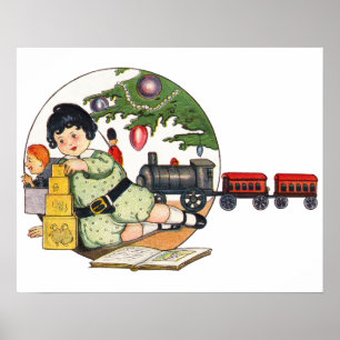 Vintage Christmas, Happy Boy Playing with Toys Poster