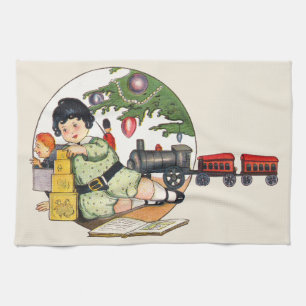 Vintage Christmas, Happy Boy Playing with Toys Tea Towel