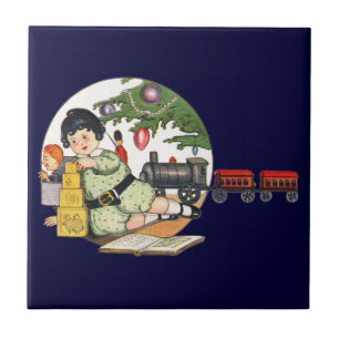 Vintage Christmas, Happy Boy Playing with Toys Tile