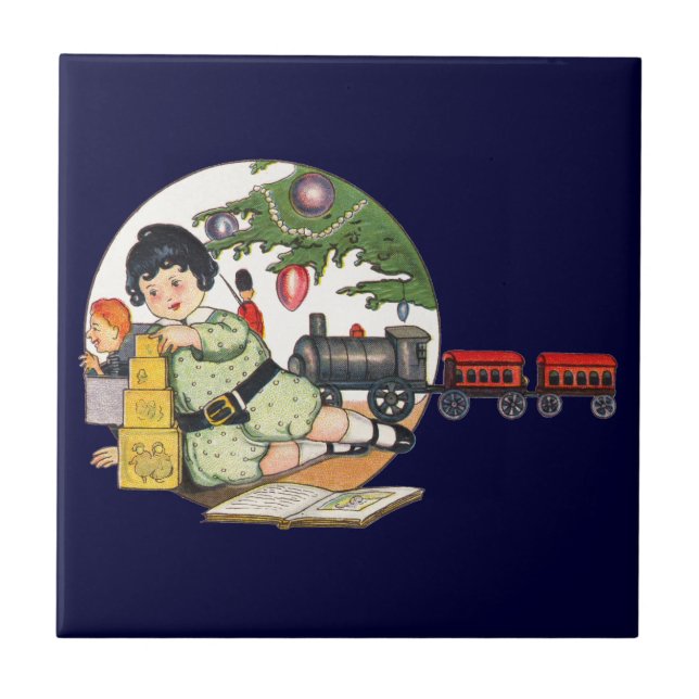 Vintage Christmas, Happy Boy Playing with Toys Tile (Front)