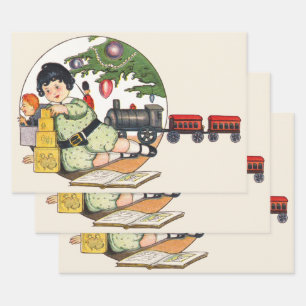 Vintage Christmas, Happy Boy Playing with Toys Wrapping Paper Sheet