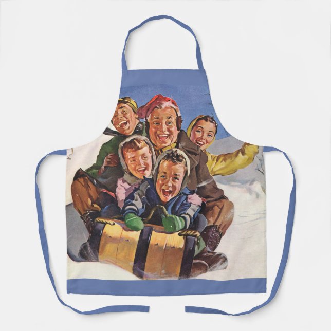 Vintage Christmas, Happy Family Toboggan Sledding Apron (Front)
