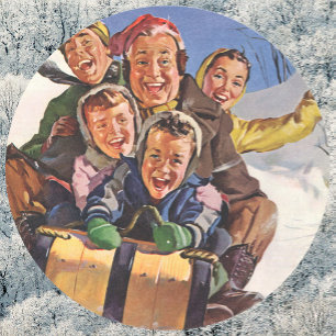 Vintage Christmas, Happy Family Toboggan Sledding Classic Round Sticker