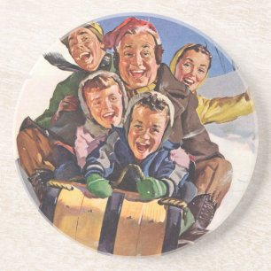 Vintage Christmas, Happy Family Toboggan Sledding Coaster