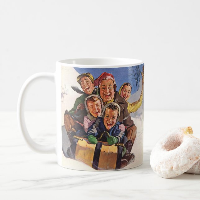 Vintage Christmas, Happy Family Toboggan Sledding Coffee Mug (With Donut)