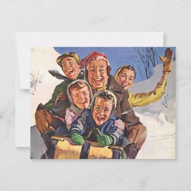 Vintage Christmas, Happy Family Toboggan Sledding Holiday Card (Front)