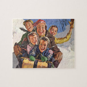 Vintage Christmas, Happy Family Toboggan Sledding Jigsaw Puzzle