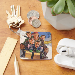 Vintage Christmas, Happy Family Toboggan Sledding Key Ring