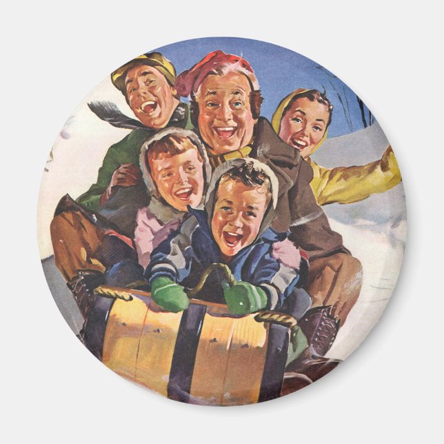 Vintage Christmas, Happy Family Toboggan Sledding Magnet (Front)