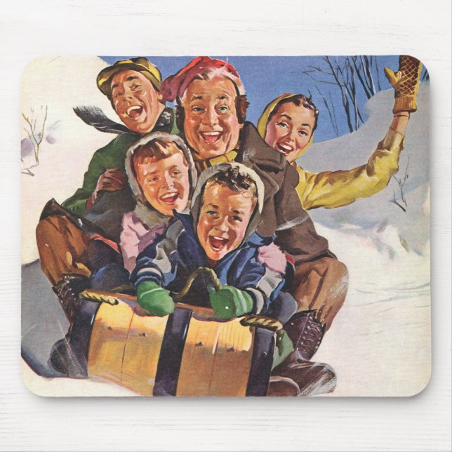 Vintage Christmas, Happy Family Toboggan Sledding Mouse Mat (Front)