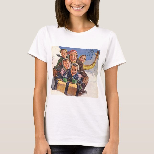 Vintage Christmas, Happy Family Toboggan Sledding T-Shirt (Front)